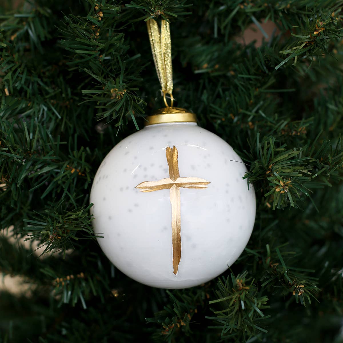 White / Gold Cruix Glass Ball Ornament