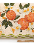 Beaded handbag with orange and floral design on a white background