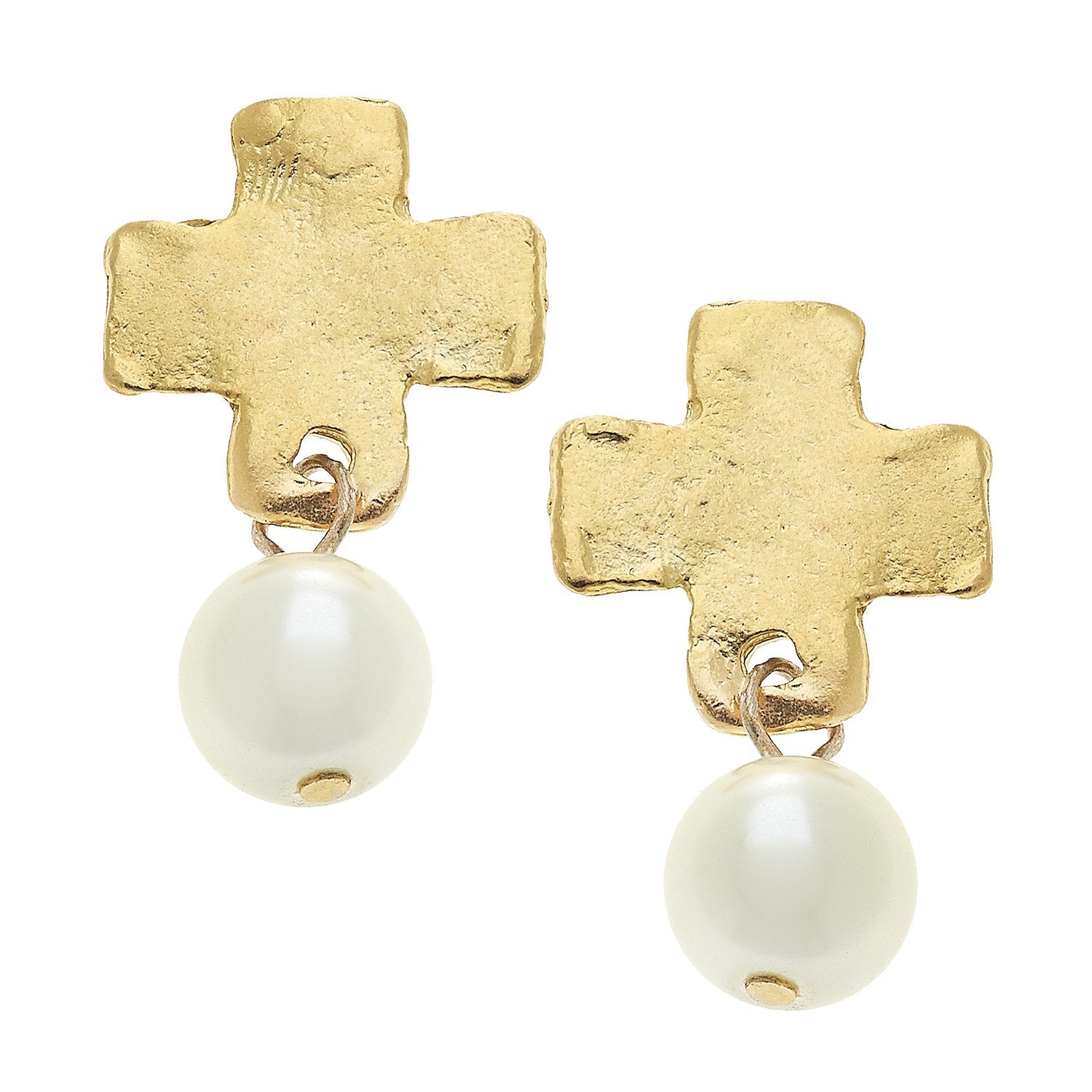 Handcast Gold Cross with Glass Pearl Earrings