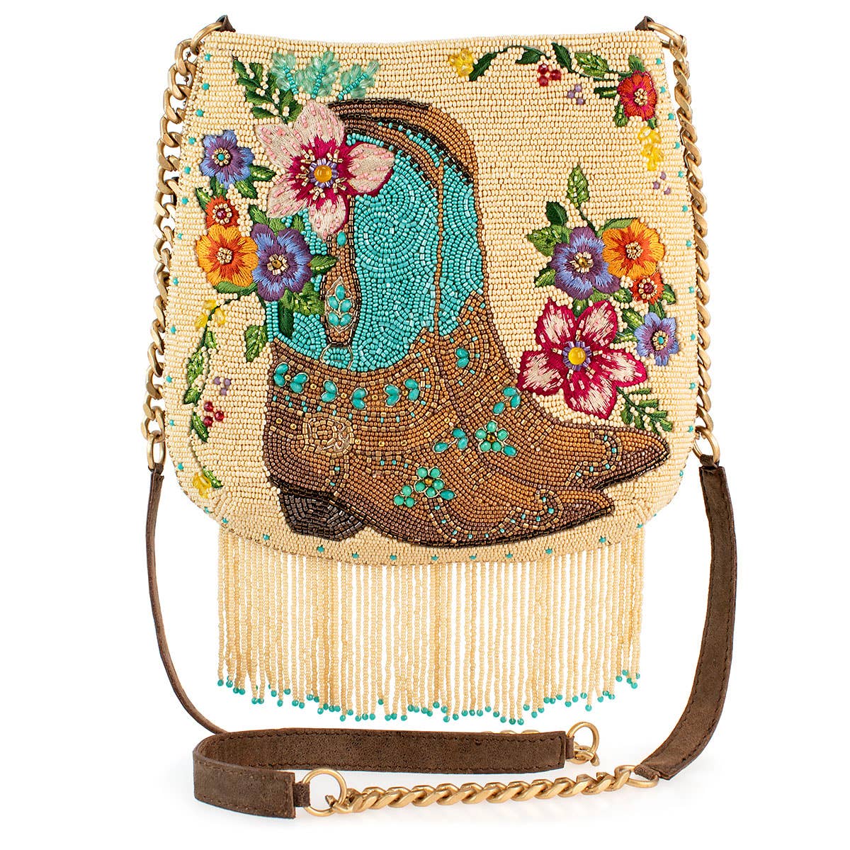 Line Dance Beaded Cowboy Boots and Flowers Crossbody Handbag