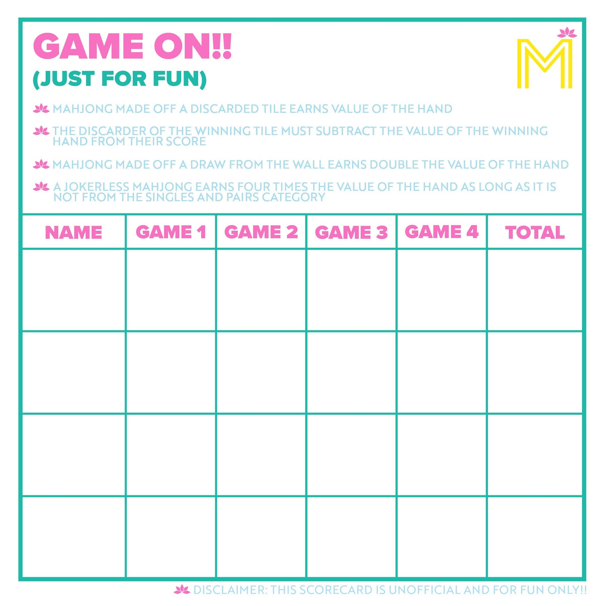 Mahjong Scorecard Notepad with Rules: Light Blue/ Pink