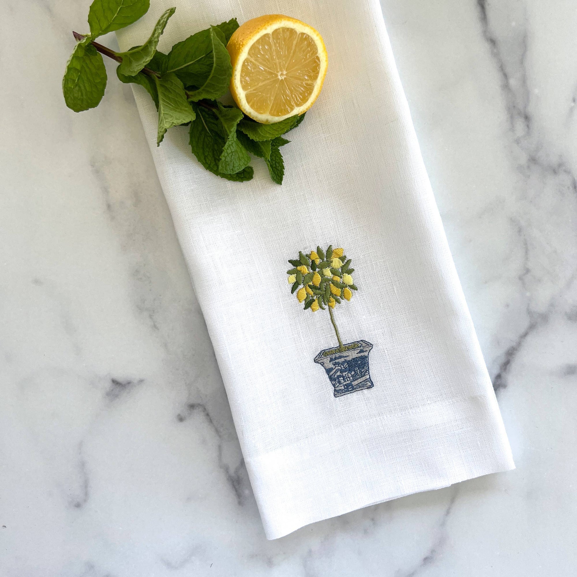 Lemon Topiary Linen Towel: White