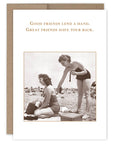 Vintage-style card with two women on a beach and a motivational quote.
