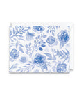 A square greeting card with a blue watercolor floral pattern on a white background, shown with a white envelope behind it on a clean white backdrop.