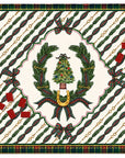 A square Christmas-themed decorative mahjong mat featuring a central wreath with a decorated tree, red plaid bows, gold chain motifs, and a plaid border. Red confetti is scattered around the design on a white background.