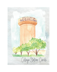 Card with a watercolor illustration of a tower with 'Welcome to Aggieland' text, trees, and 'College Station Cards' text on a light background.