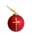 Red Christmas ornament with a gold cross on a white background