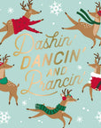 Illustration of deer in festive clothing with snowflakes on a light green background cocktail napkin