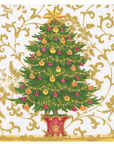 A square white paper napkin featuring a festive Christmas tree design. The tree is green with gold ornaments, pink baubles, a gold star topper, and sits in a red pot.
