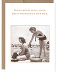 Vintage-style card with two women on a beach and a motivational quote.
