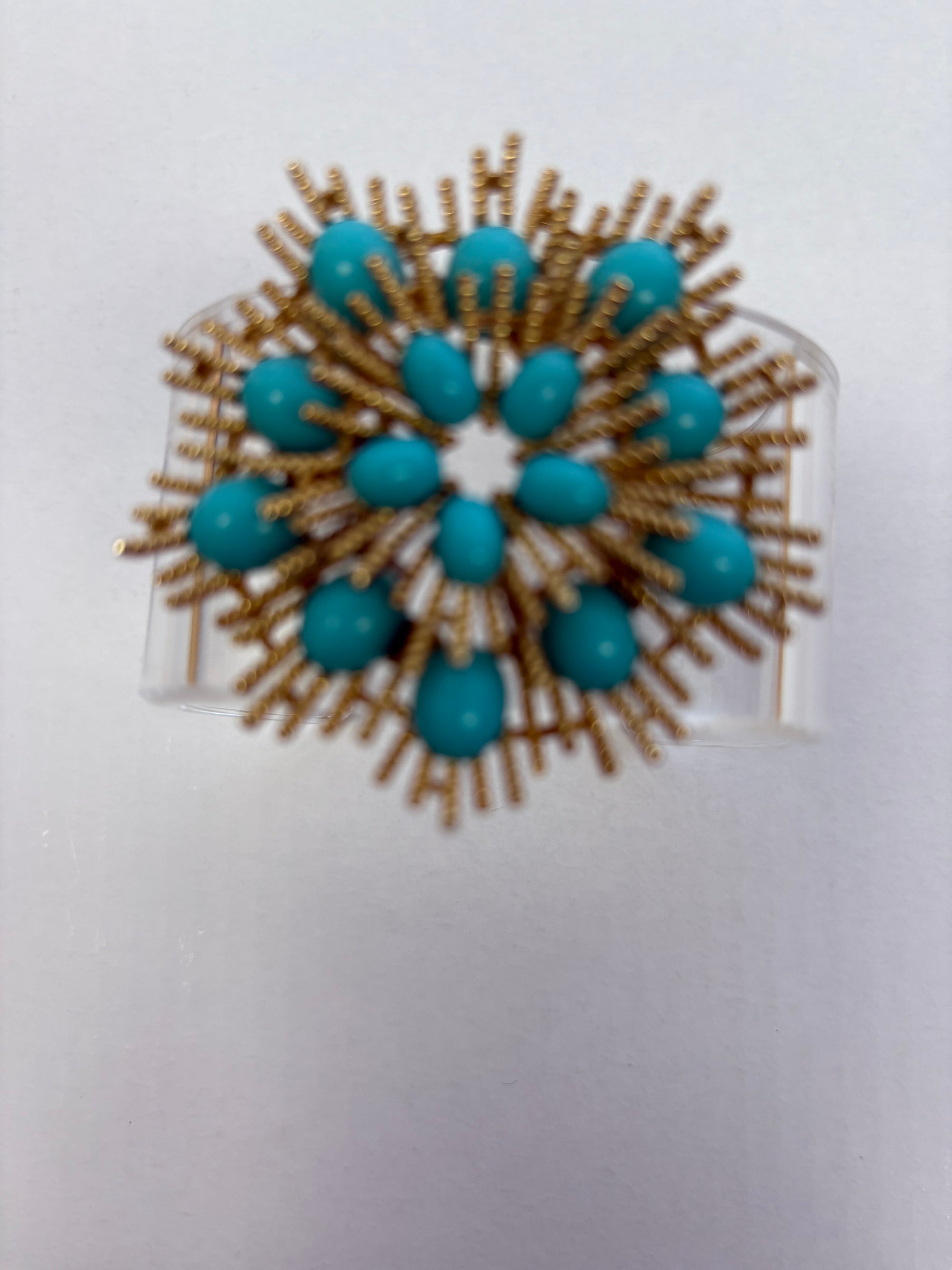 Acrylic Cuff with Vintage Aqua Jewels on Gold Flower  , Large