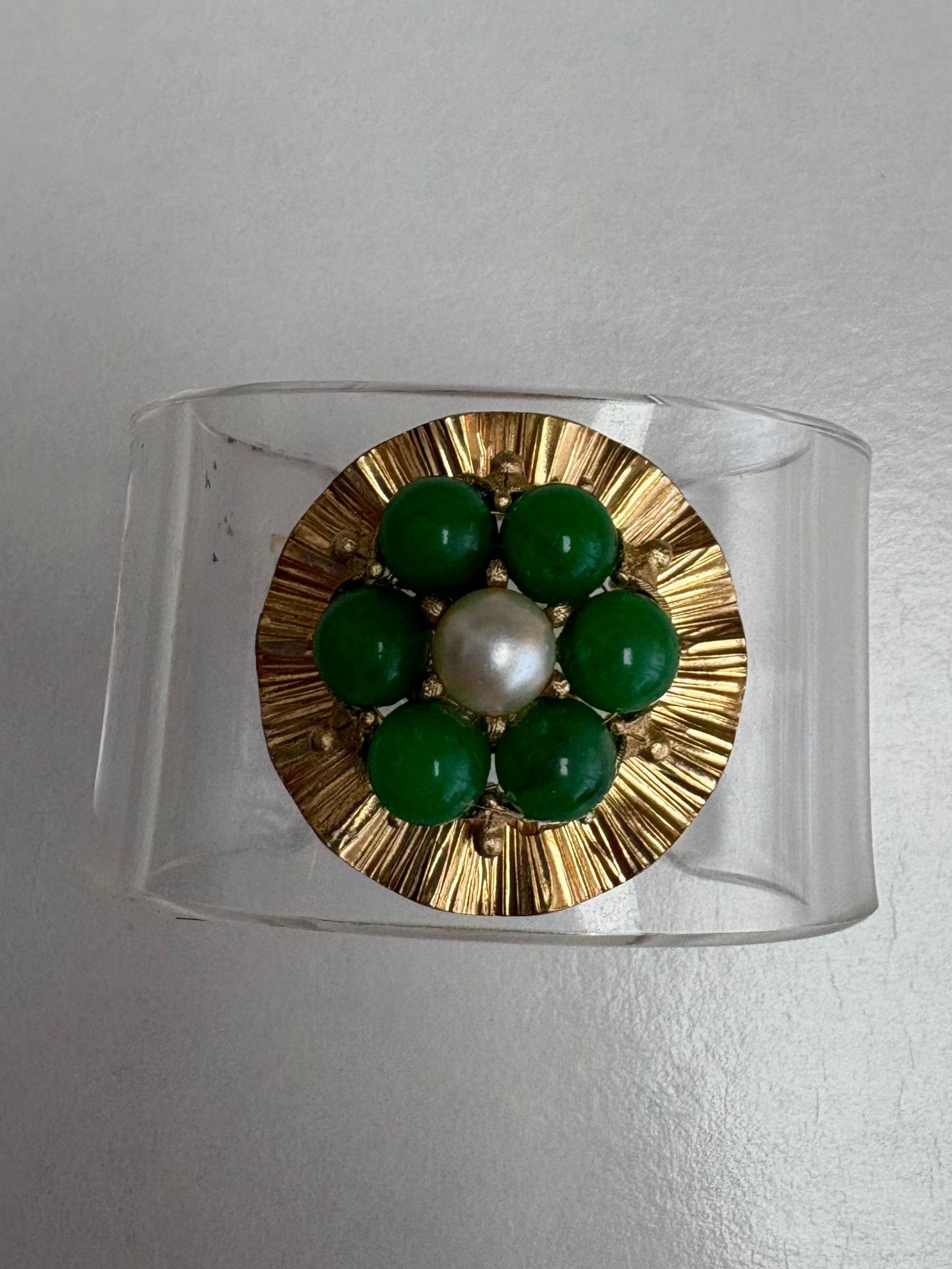 Acrylic Cuff with Vintage Emerald/Pearl Jewel on Gold Circle , Small