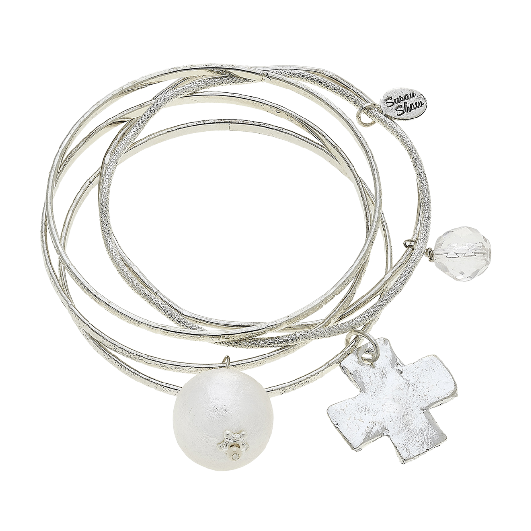 Set of 5 Silver Bangles with Pearl and Handcast Silver Cross