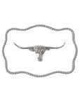 A white porcelain tray with a silver Longhorn design and lustrous silver beads around the edge.