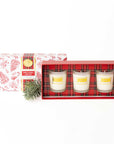 Set of three candles in a decorative box with a plaid pattern on a white background