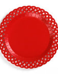 Red paper plate with lattice design on a white background