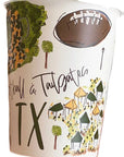 A white insulated coffee cup featuring a hand-painted style illustration of a football, trees, tents.