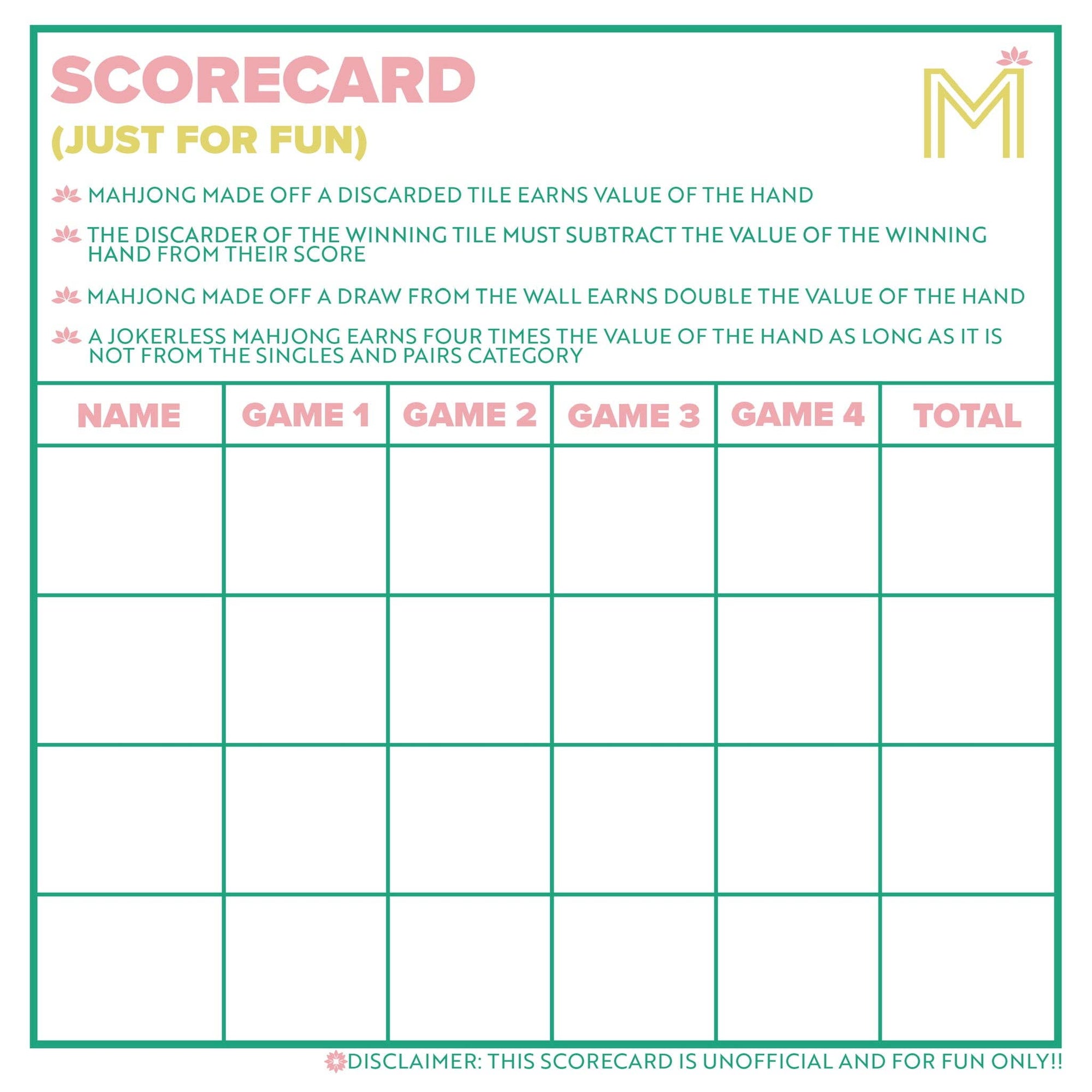 Mahjong Scorecard Notepad with Rules: Light Blue/ Pink