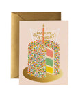 Birthday card with colorful cake illustration and gold envelope