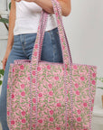 Pink Floral Quilted Cotton Tote Bag