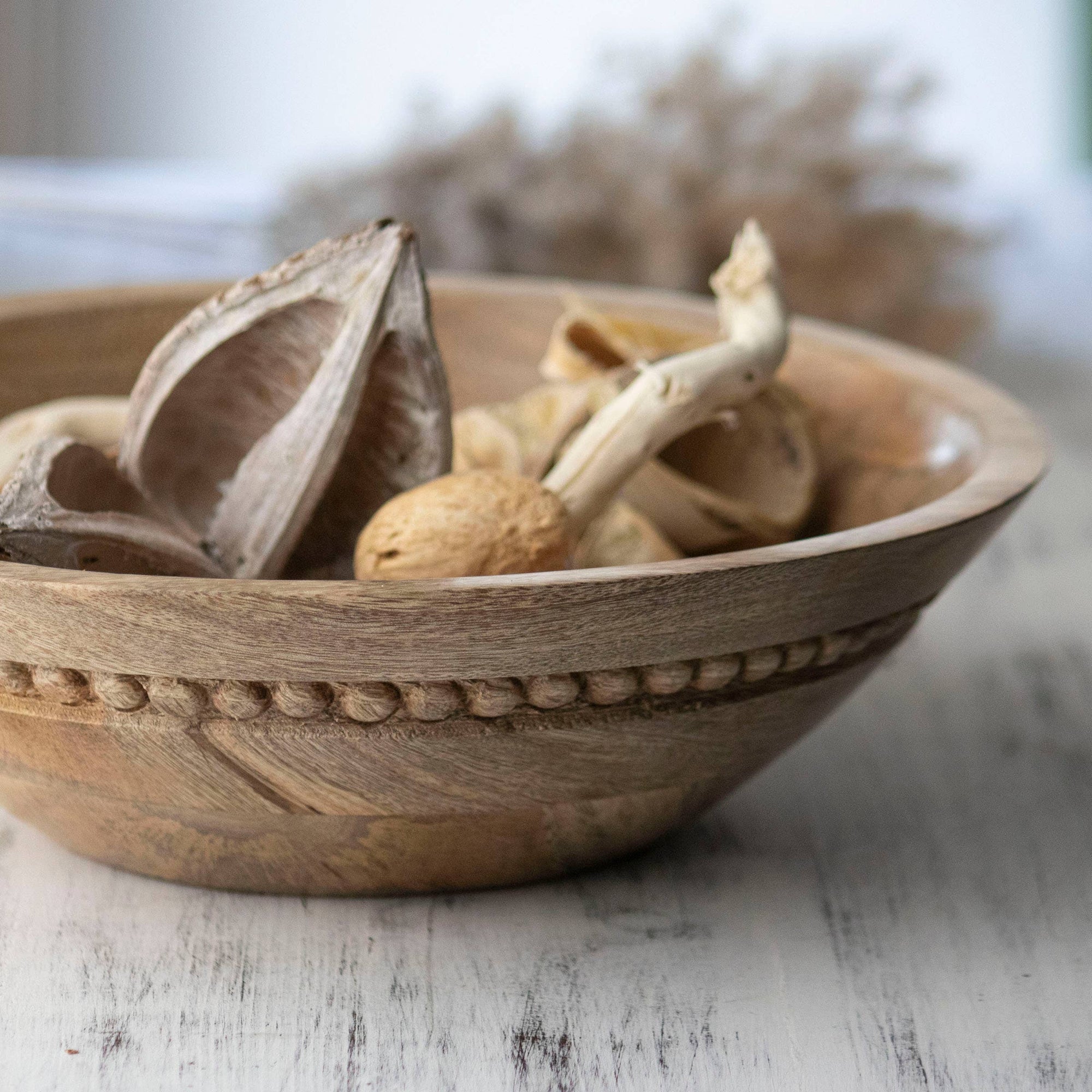 Natural Carved Bead Wood Serving Bowl