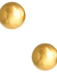 A pair of gold-colored ball stud earrings on a white background