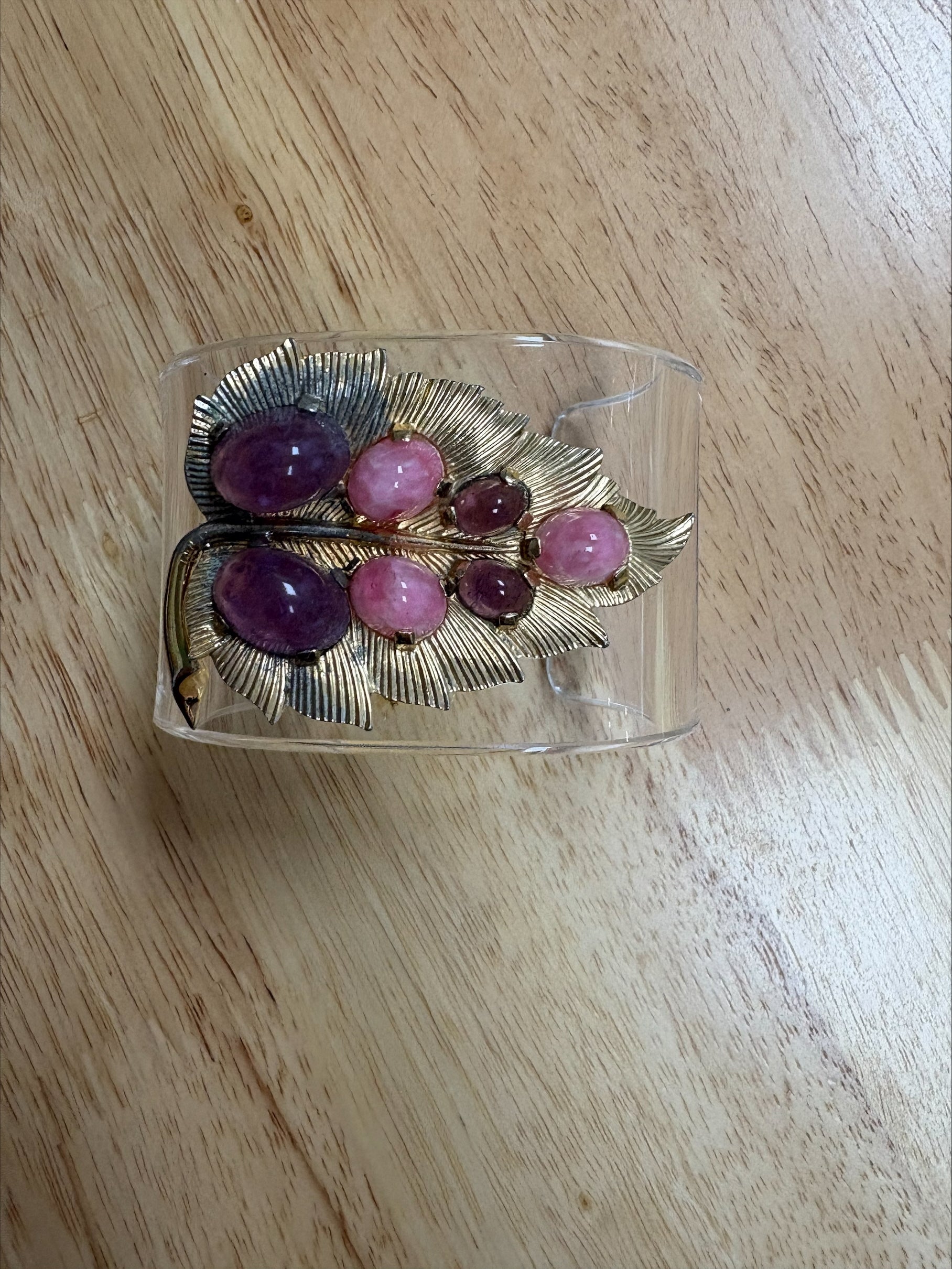 Acrylic Cuff with Vintage Leaf & Jewel Brooch