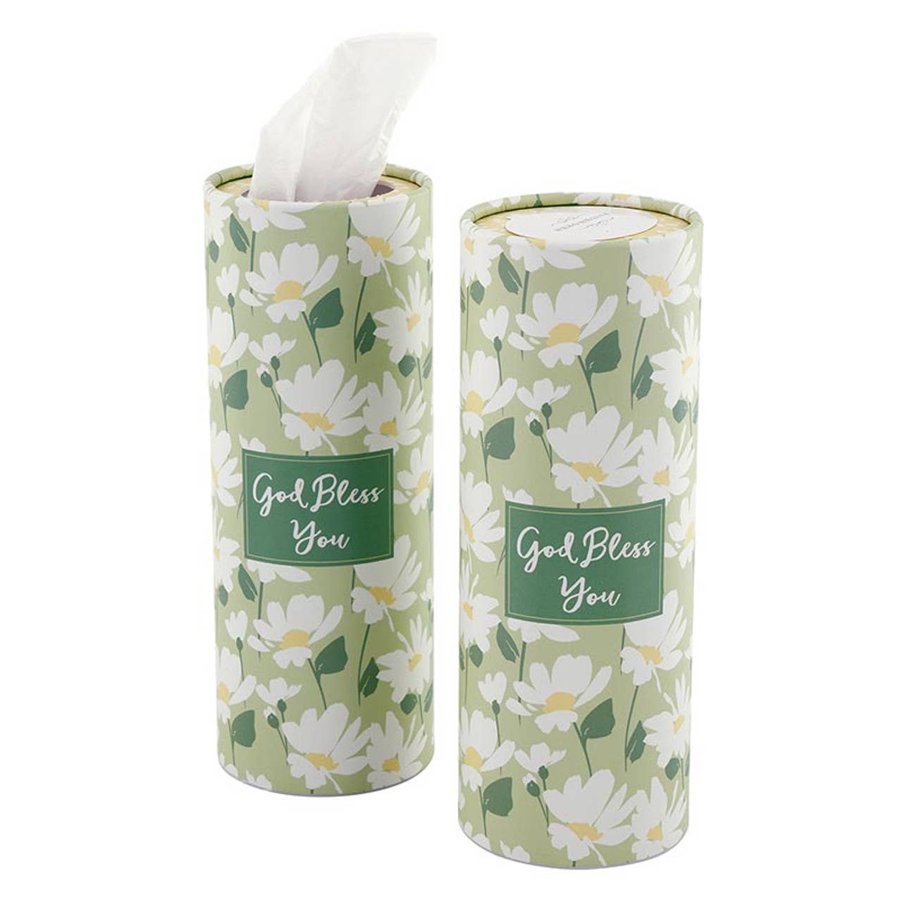 Two cylindrical tissue boxes with floral design and 'God Bless You' text on a white background