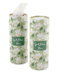 Two cylindrical tissue boxes with floral design and 'God Bless You' text on a white background