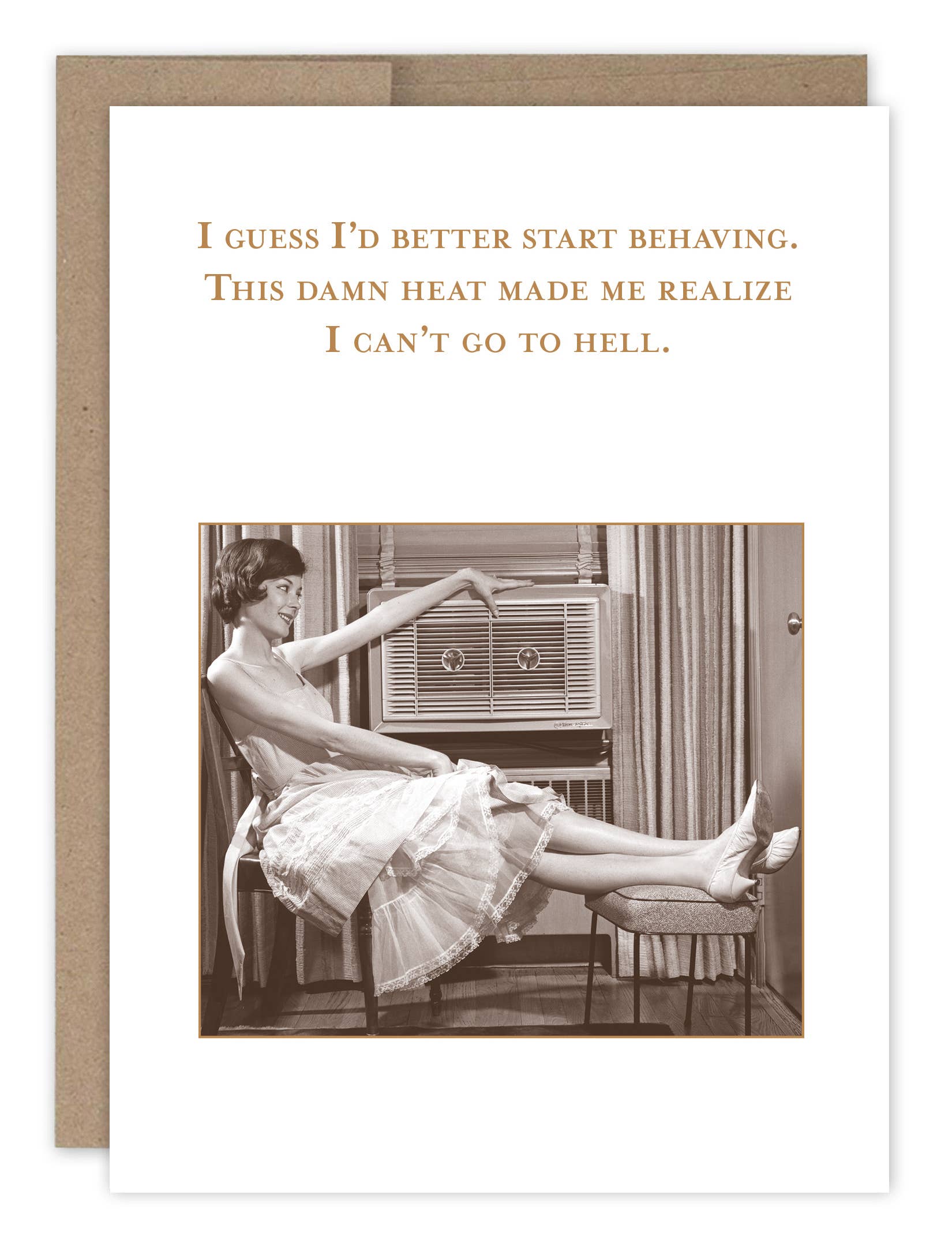 Vintage-style card with a woman sitting on an air conditioner, text about heat and going to hell, and a brown border.