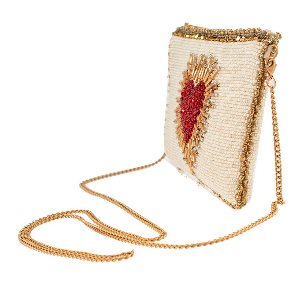 Heart Burst Beaded Red Heart with Ivory Crossbody Phone Bag