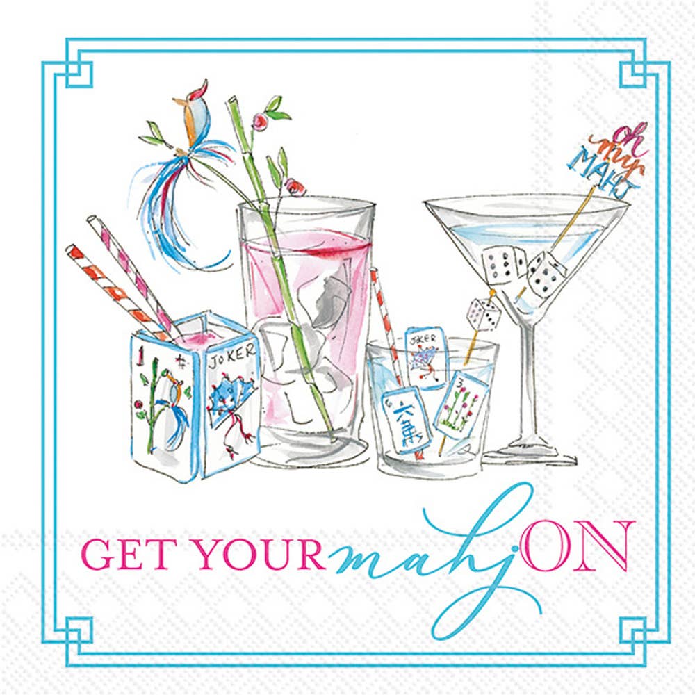 Decorative napkin with cocktail glasses, dice, and colorful straws with text 'Get your mahjong on' on a white background.