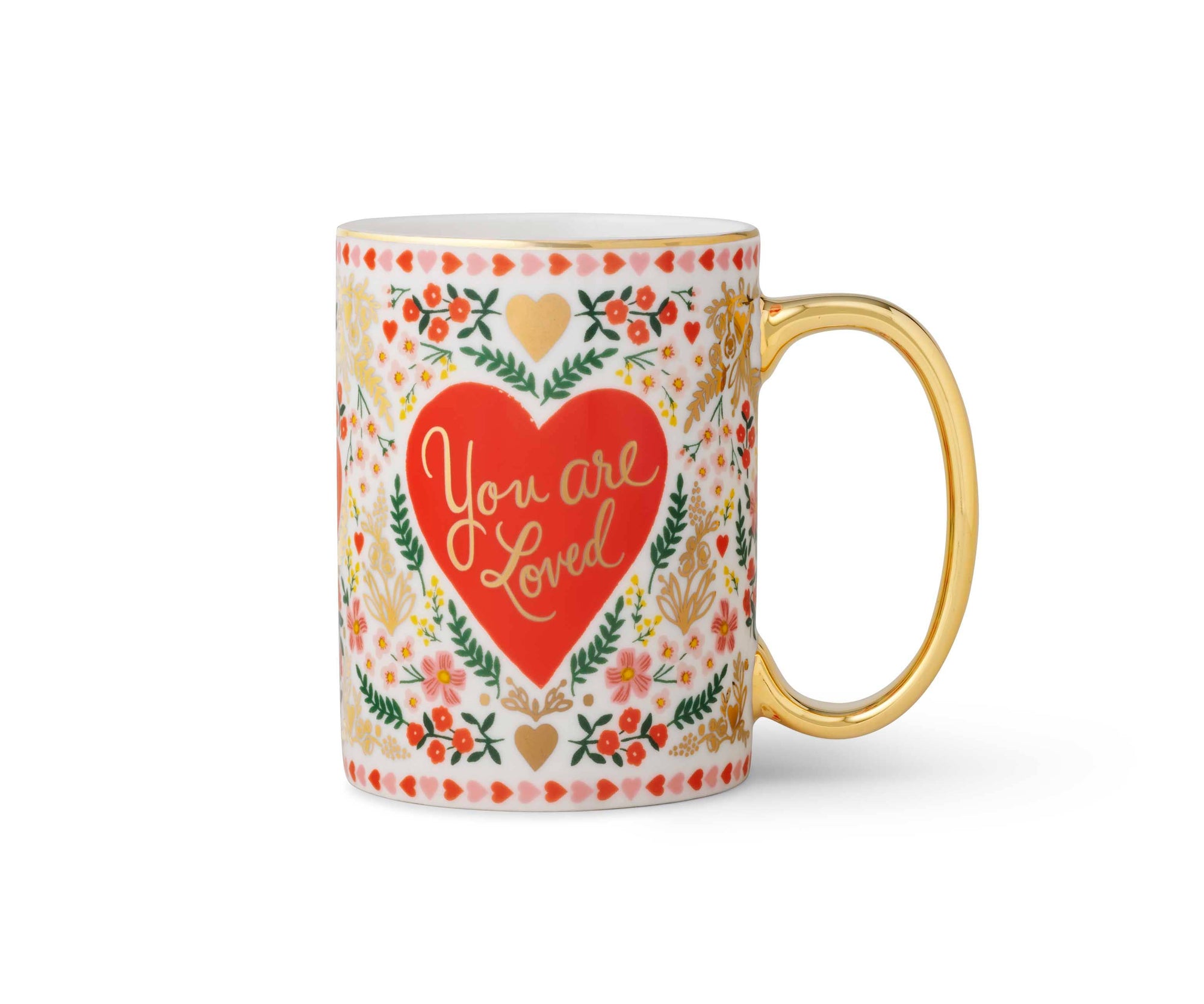 Mug with floral design and 'You are Loved' text on a white background