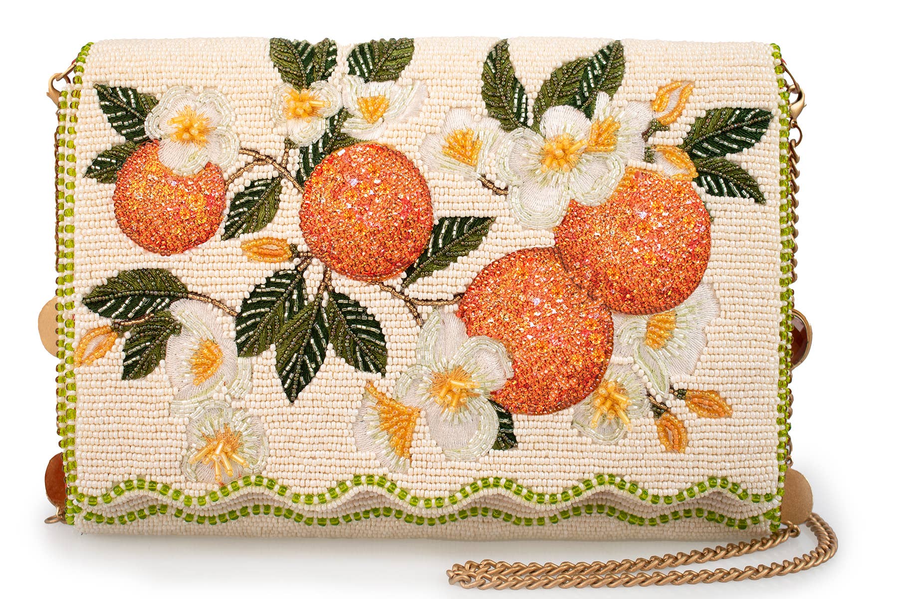 Beaded handbag with orange and floral design on a white background
