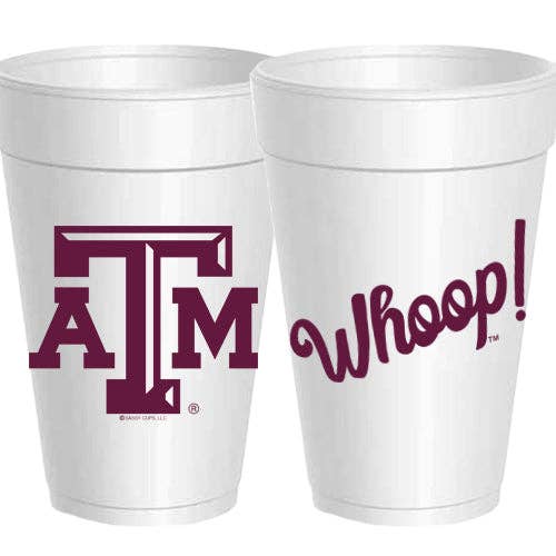 Two white styrofoam cups with Texas A&amp;M and 'Whoo!' text on a white background