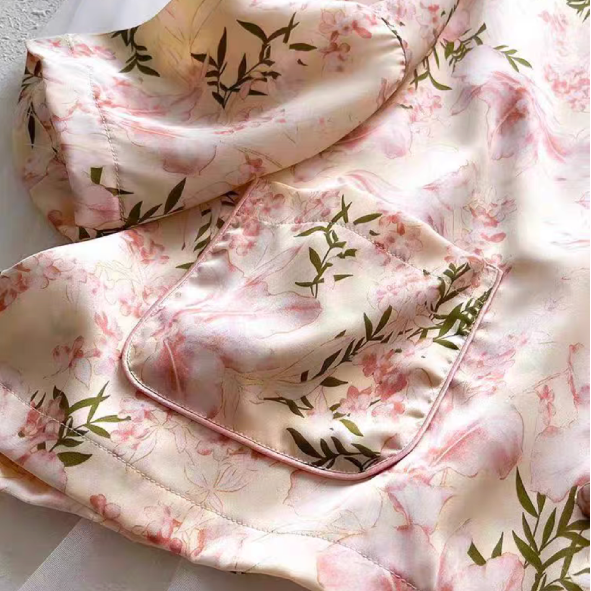 Floral Satin Pajama Set with Pockets