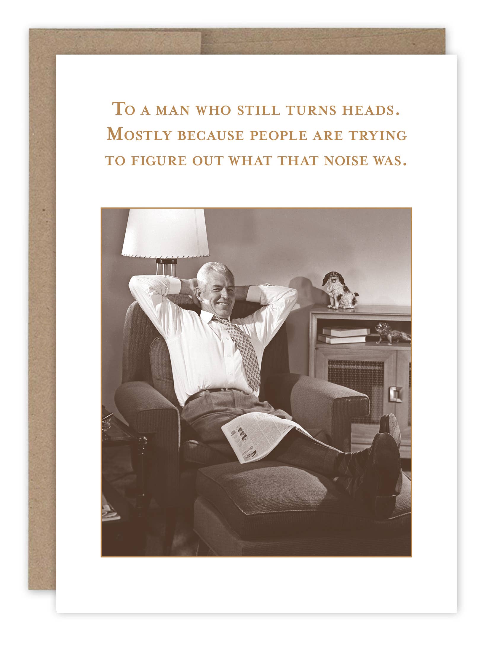 Greeting card with a man relaxing in a chair, text, and a sepia-toned photo.