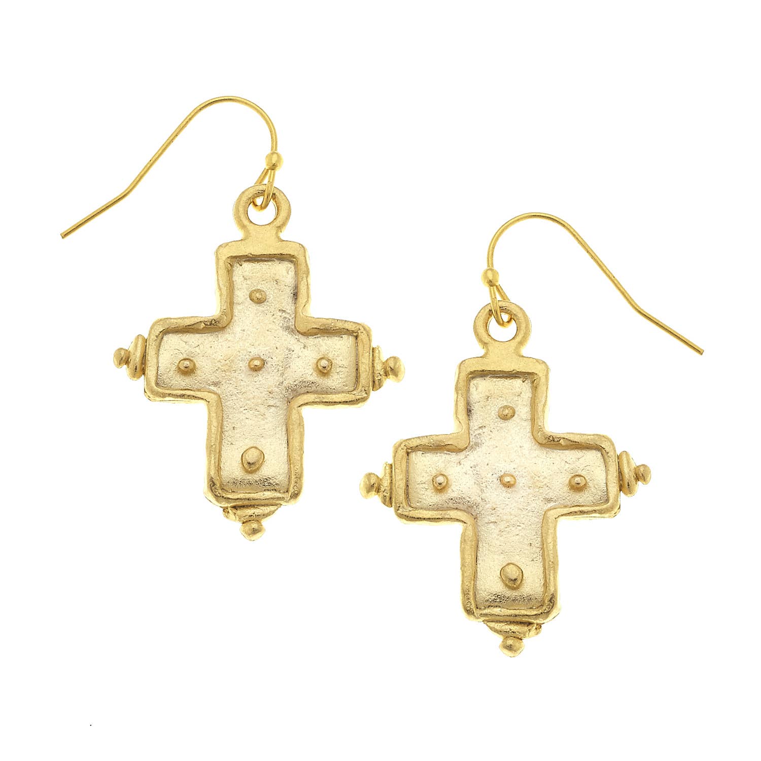 Gold cross-shaped earrings on a white background