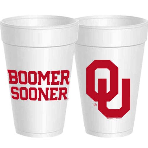 Two white plastic cups with 'Boomer Sooner' and a red logo on a white background