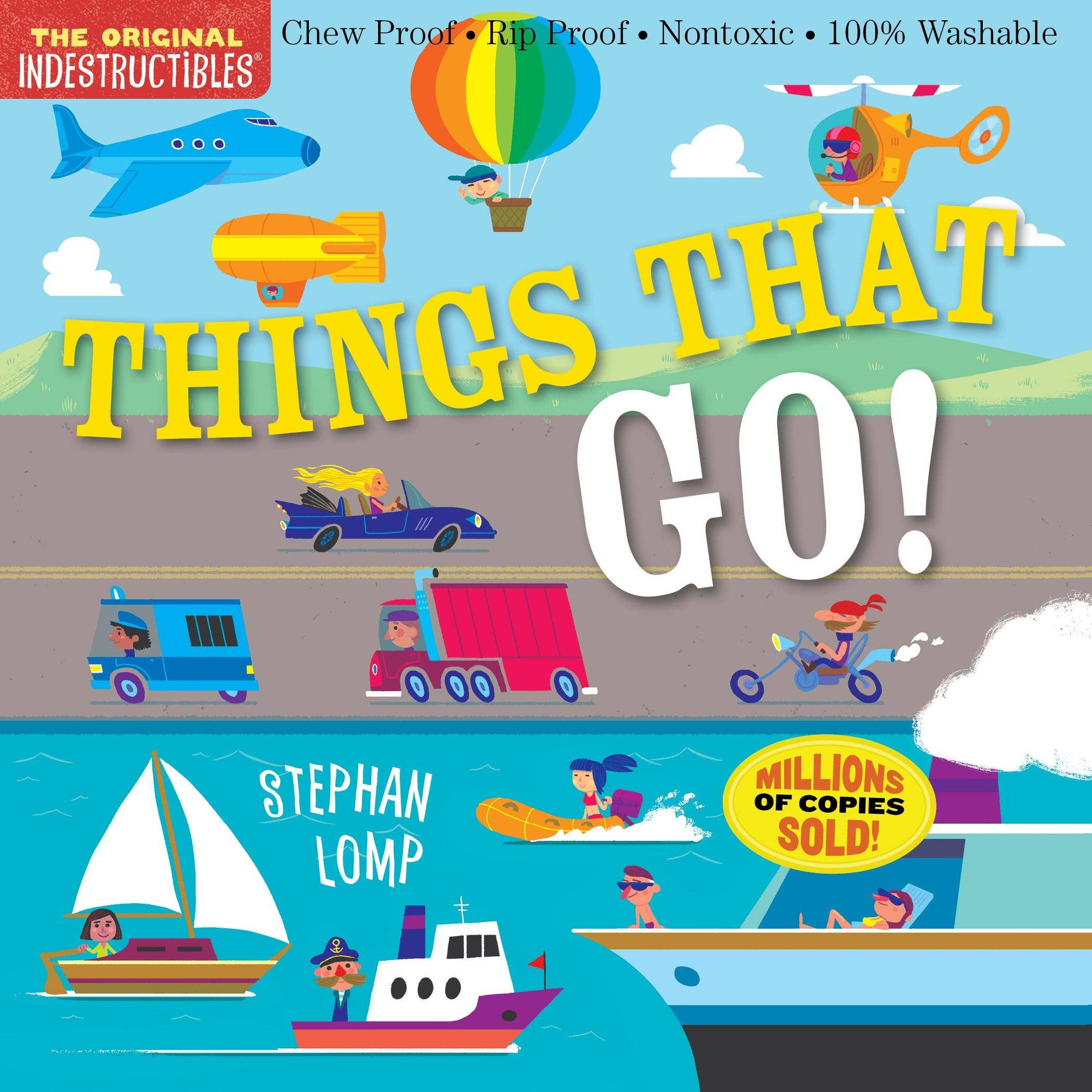 Book cover of 'Things That Go!' by Stephan Lomp with colorful illustrations of vehicles and children.