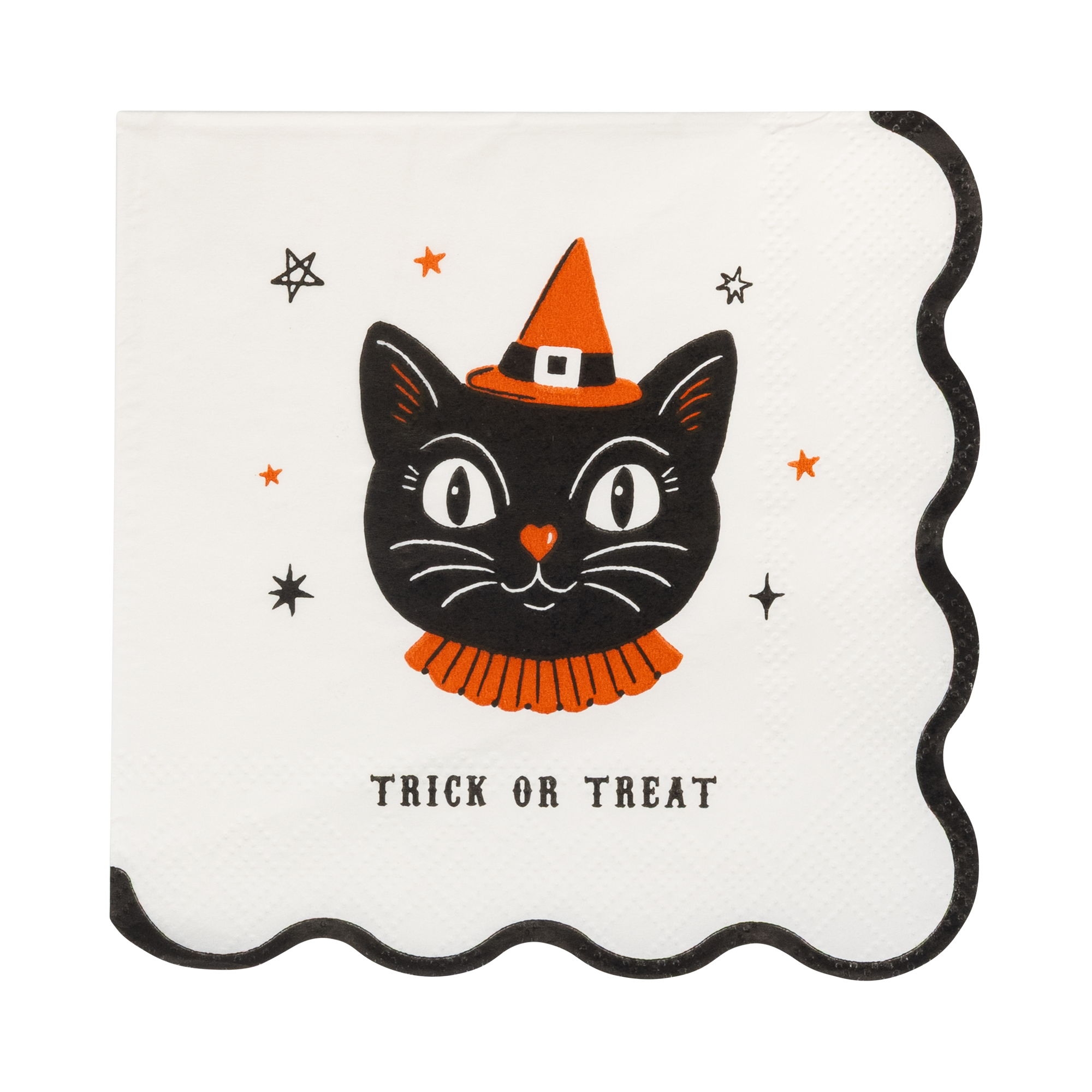 Halloween-themed card napkins with a black cat wearing a witch hat and scarf, and 'Trick or Treat' text on a white background.