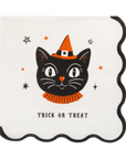 Halloween-themed card napkins with a black cat wearing a witch hat and scarf, and 'Trick or Treat' text on a white background.