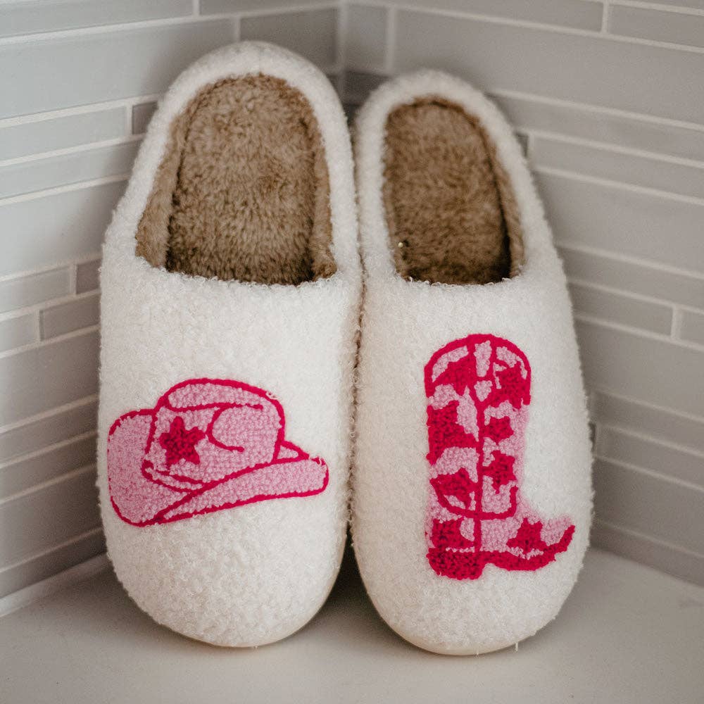 Boot and Cowgirl Hat Western Slippers: White / M/L