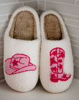 Boot and Cowgirl Hat Western Slippers: White / M/L