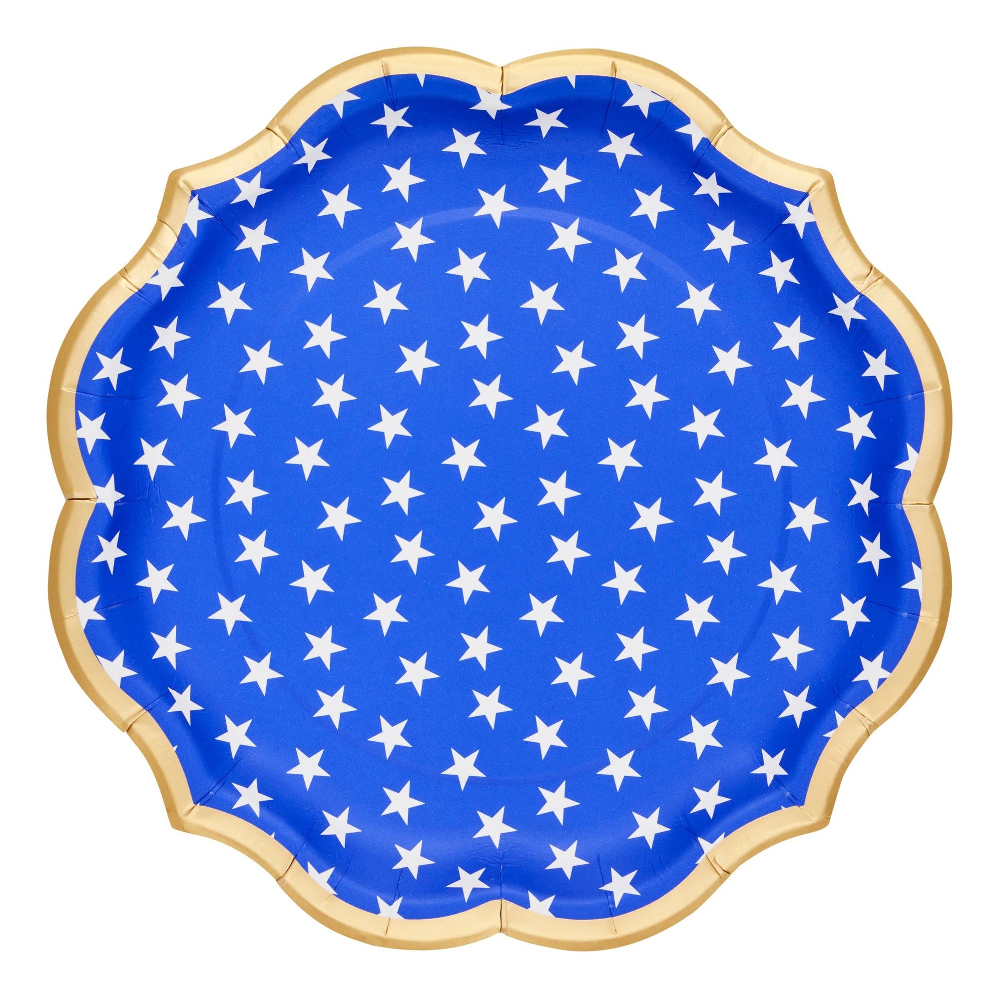 Blue paper plate with white star pattern on a white background