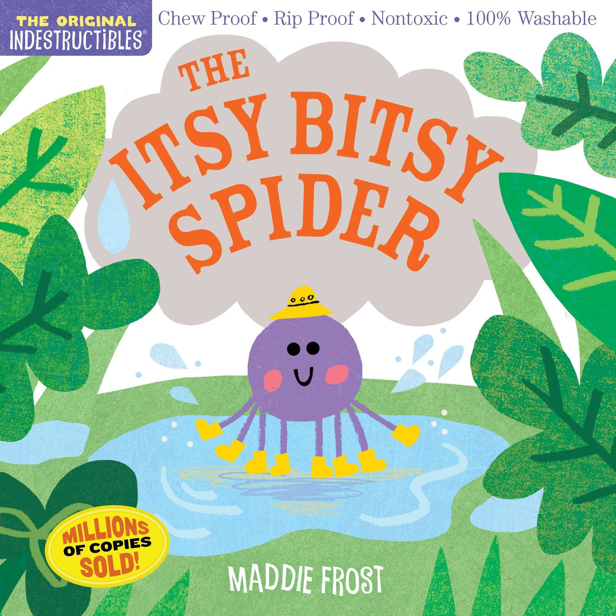 Book cover of 'The Itsy Bitsy Spider' with a spider character and green leaves.