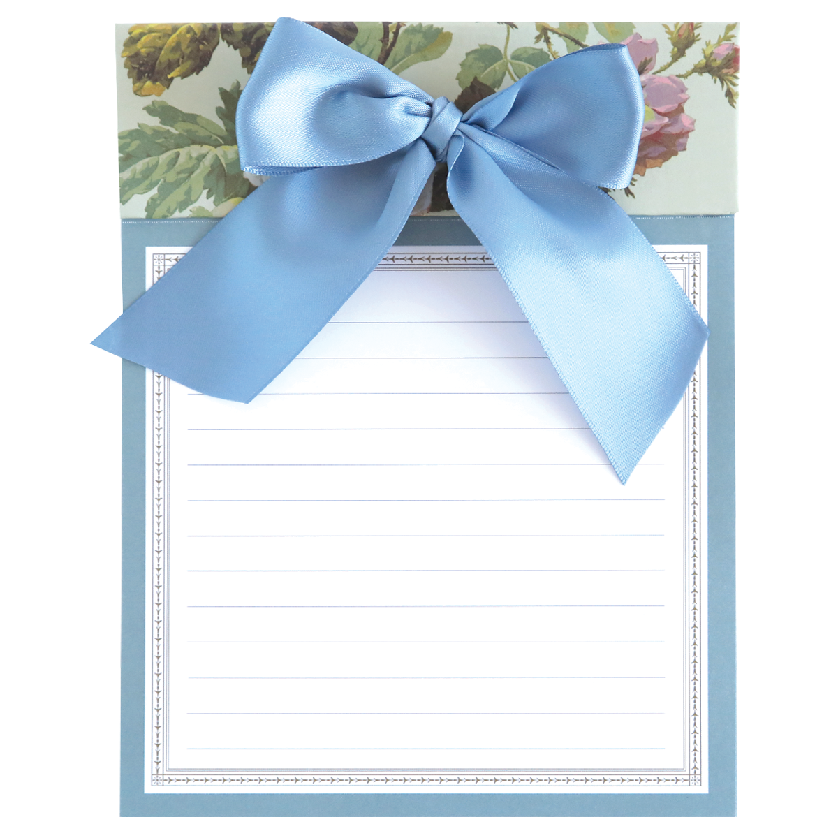 Notepad with a blue ribbon on a floral background