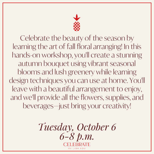 Promotional flyer for an autumn floral arranging workshop, featuring a central block of descriptive text and event details: Tuesday, October 6, 6-8 p.m.