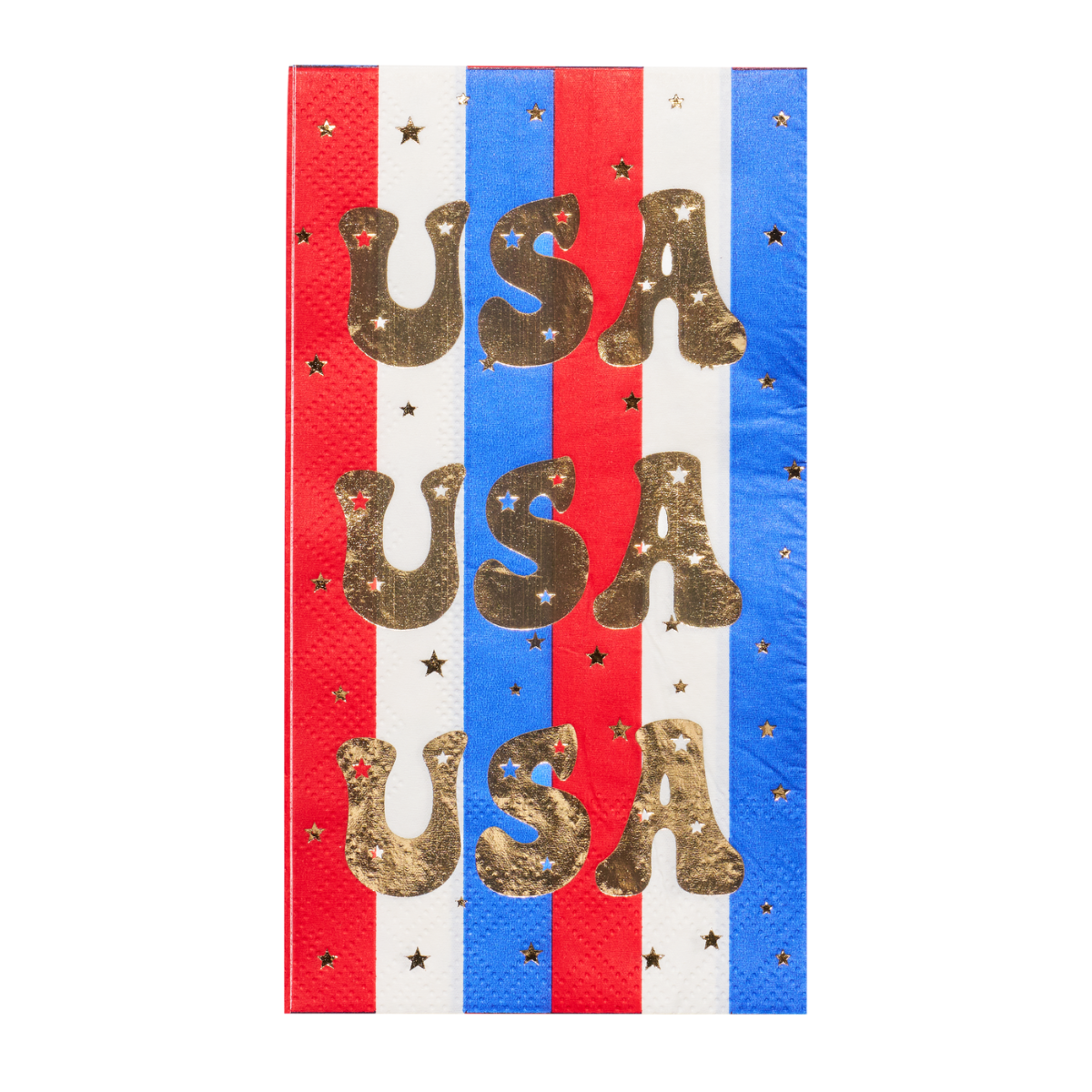 Decorative guest towel paper napkin with 'USA' text on red, white, and blue stripes