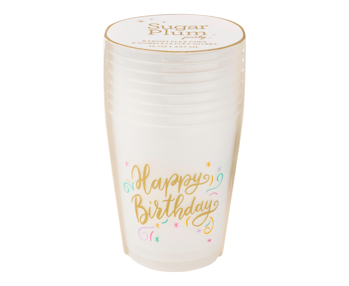 Party cup with 'Happy Birthday' text on a white background